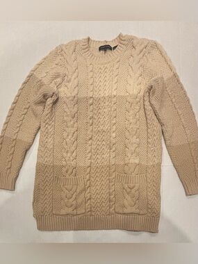 JEANNE PIERRE Cream Cable Knit Crewneck Sweater with Pocket Detail